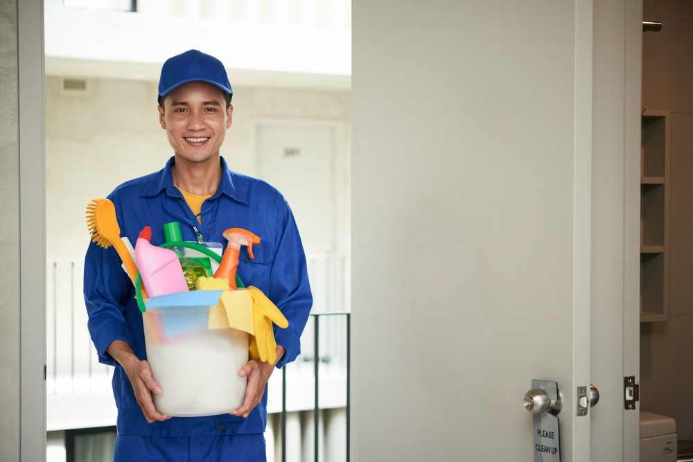 cheerful-asian-male-janitor-walking-into-hotel-room-carrying-supplies-bucket